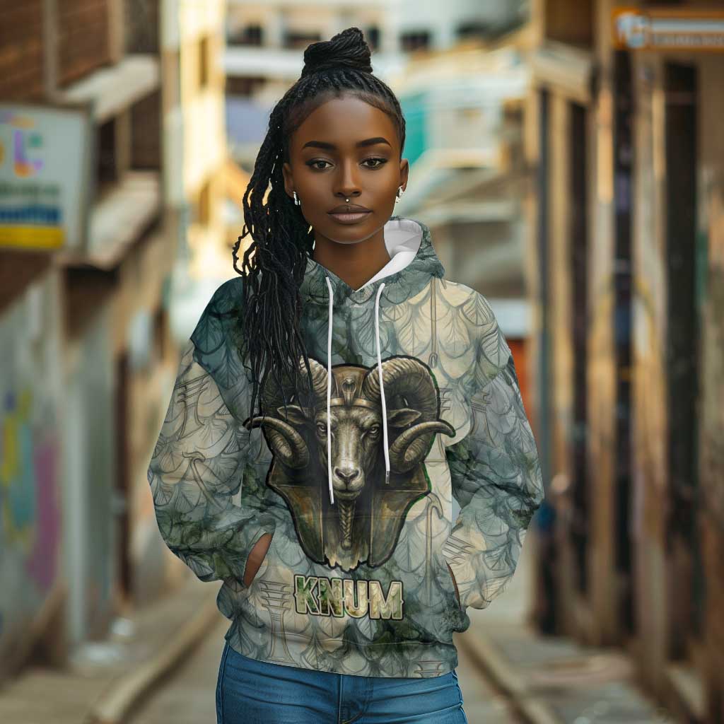 Khnum Ancient Egyptian Hoodie with Smoky Leaf, Ram Head Emblem, and Guardian of the Cataract - African Pride