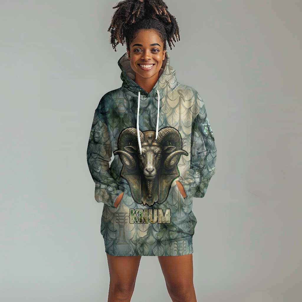 Khnum Ancient Egyptian Hoodie Dress with Smoky Leaf, Ram Head Emblem, and Guardian of the Cataract - African Pride