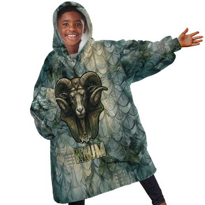 Khnum Ancient Egyptian Kid Wearable Blanket Hoodie with Smoky Leaf, Ram Head Emblem, and Guardian of the Cataract - African Pride