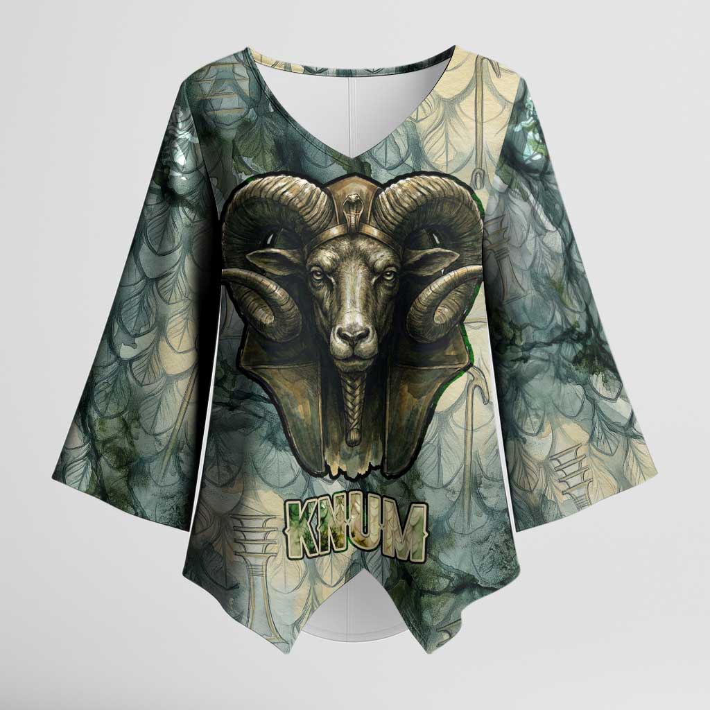 Khnum Ancient Egyptian Kimono Sleeve Blouse with Smoky Leaf, Ram Head Emblem, and Guardian of the Cataract - African Pride