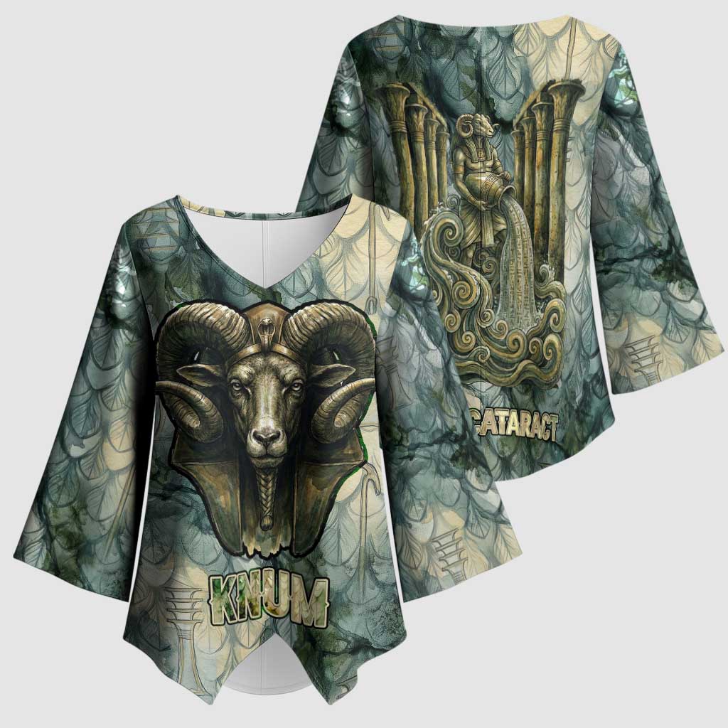 Khnum Ancient Egyptian Kimono Sleeve Blouse with Smoky Leaf, Ram Head Emblem, and Guardian of the Cataract - African Pride