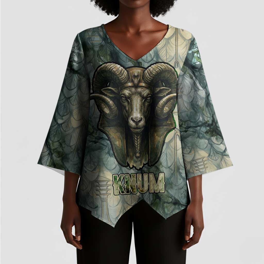 Khnum Ancient Egyptian Kimono Sleeve Blouse with Smoky Leaf, Ram Head Emblem, and Guardian of the Cataract - African Pride