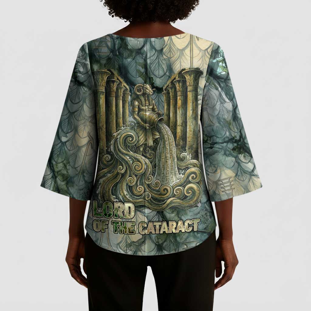 Khnum Ancient Egyptian Kimono Sleeve Blouse with Smoky Leaf, Ram Head Emblem, and Guardian of the Cataract - African Pride