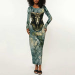 Khnum Ancient Egyptian Long Sleeve Bodycon Dress with Smoky Leaf, Ram Head Emblem, and Guardian of the Cataract - African Pride