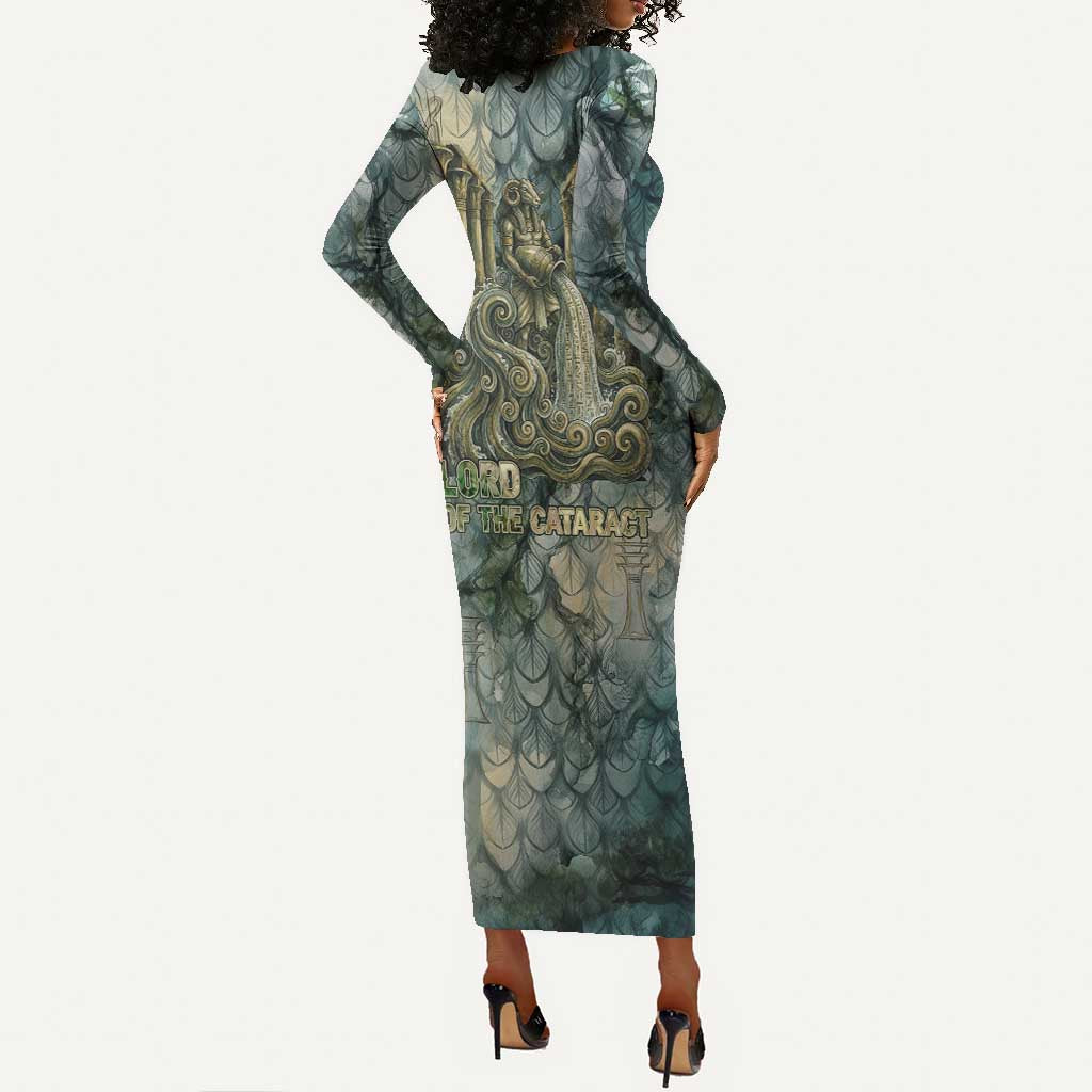 Khnum Ancient Egyptian Long Sleeve Bodycon Dress with Smoky Leaf, Ram Head Emblem, and Guardian of the Cataract - African Pride