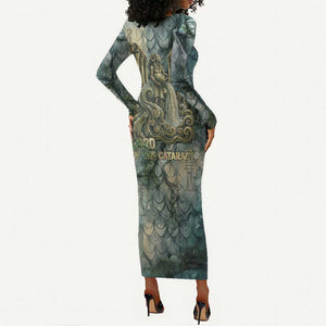 Khnum Ancient Egyptian Long Sleeve Bodycon Dress with Smoky Leaf, Ram Head Emblem, and Guardian of the Cataract - African Pride