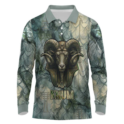 Khnum Ancient Egyptian Long Sleeve Polo Shirt with Smoky Leaf, Ram Head Emblem, and Guardian of the Cataract - African Pride