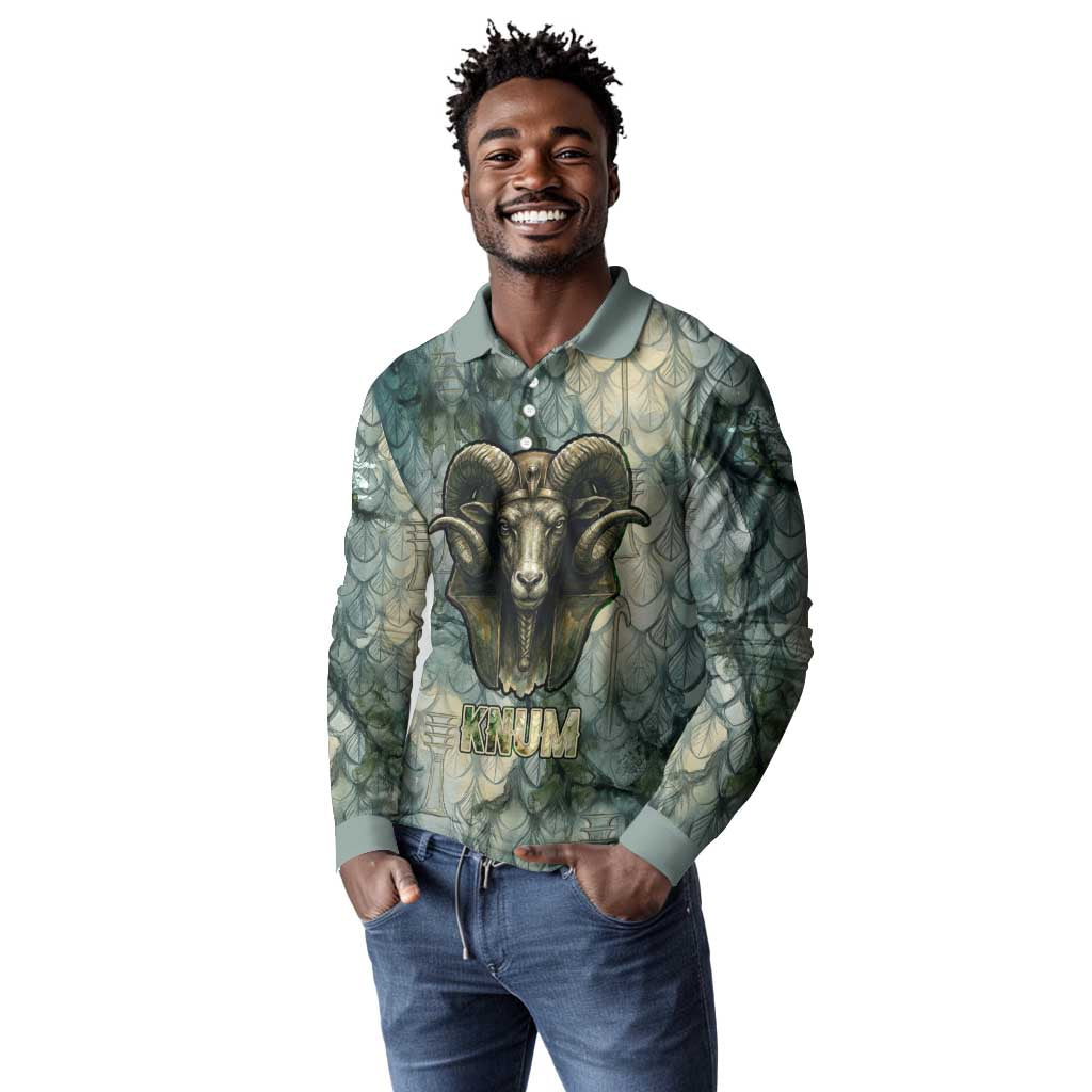 Khnum Ancient Egyptian Long Sleeve Polo Shirt with Smoky Leaf, Ram Head Emblem, and Guardian of the Cataract - African Pride