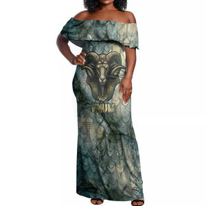 Khnum Ancient Egyptian Off Shoulder Maxi Dress with Smoky Leaf, Ram Head Emblem, and Guardian of the Cataract - African Pride