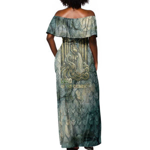 Khnum Ancient Egyptian Off Shoulder Maxi Dress with Smoky Leaf, Ram Head Emblem, and Guardian of the Cataract - African Pride