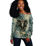 Khnum Ancient Egyptian Off Shoulder Sweater with Smoky Leaf, Ram Head Emblem, and Guardian of the Cataract - African Pride