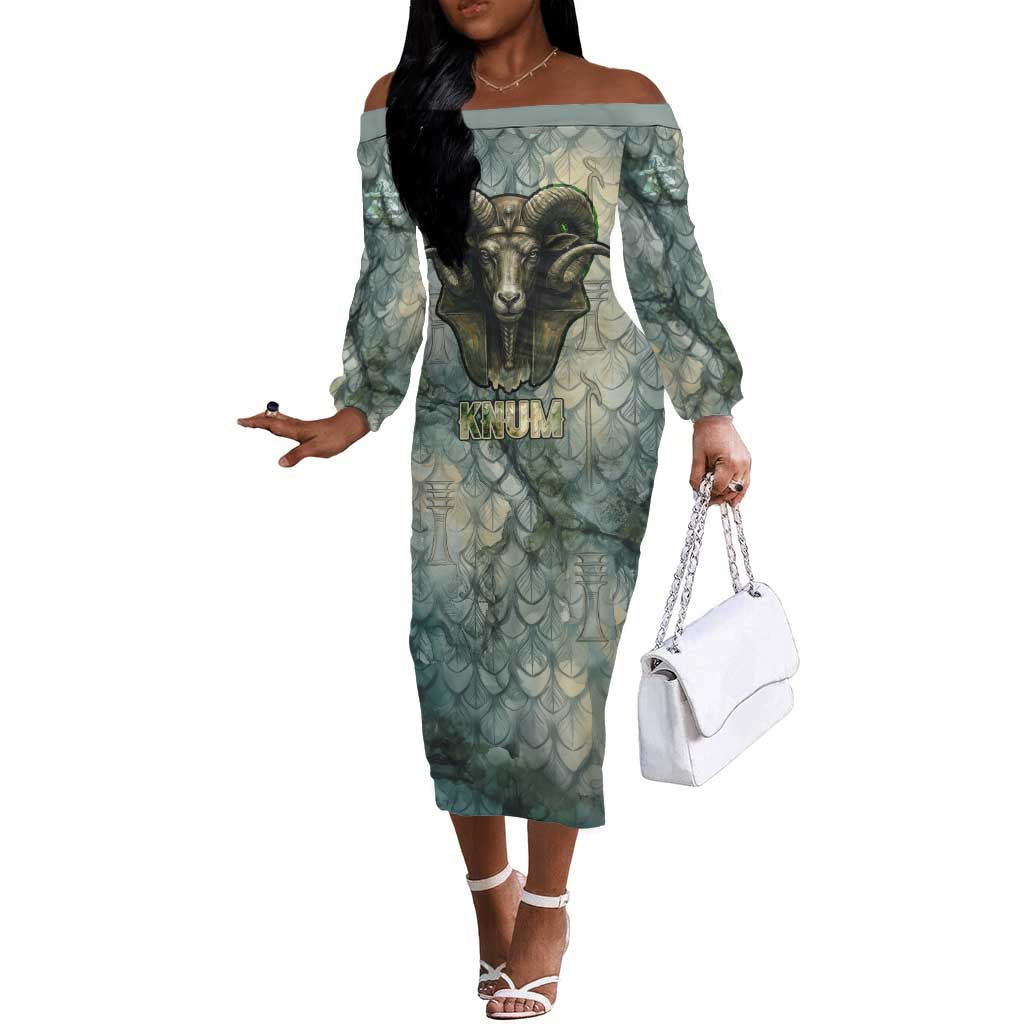 Khnum Ancient Egyptian Off The Shoulder Long Sleeve Dress with Smoky Leaf, Ram Head Emblem, and Guardian of the Cataract - African Pride