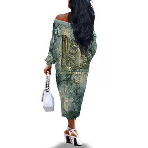 Khnum Ancient Egyptian Off The Shoulder Long Sleeve Dress with Smoky Leaf, Ram Head Emblem, and Guardian of the Cataract - African Pride
