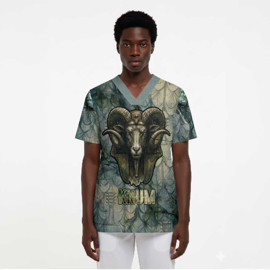 Khnum Ancient Egyptian Scrub Top with Smoky Leaf, Ram Head Emblem, and Guardian of the Cataract - African Pride