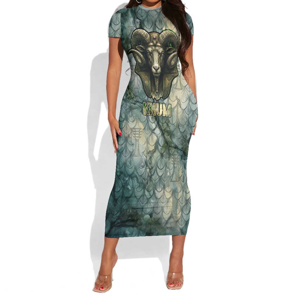 Khnum Ancient Egyptian Short Sleeve Bodycon Dress with Smoky Leaf, Ram Head Emblem, and Guardian of the Cataract - African Pride