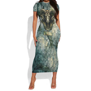 Khnum Ancient Egyptian Short Sleeve Bodycon Dress with Smoky Leaf, Ram Head Emblem, and Guardian of the Cataract - African Pride