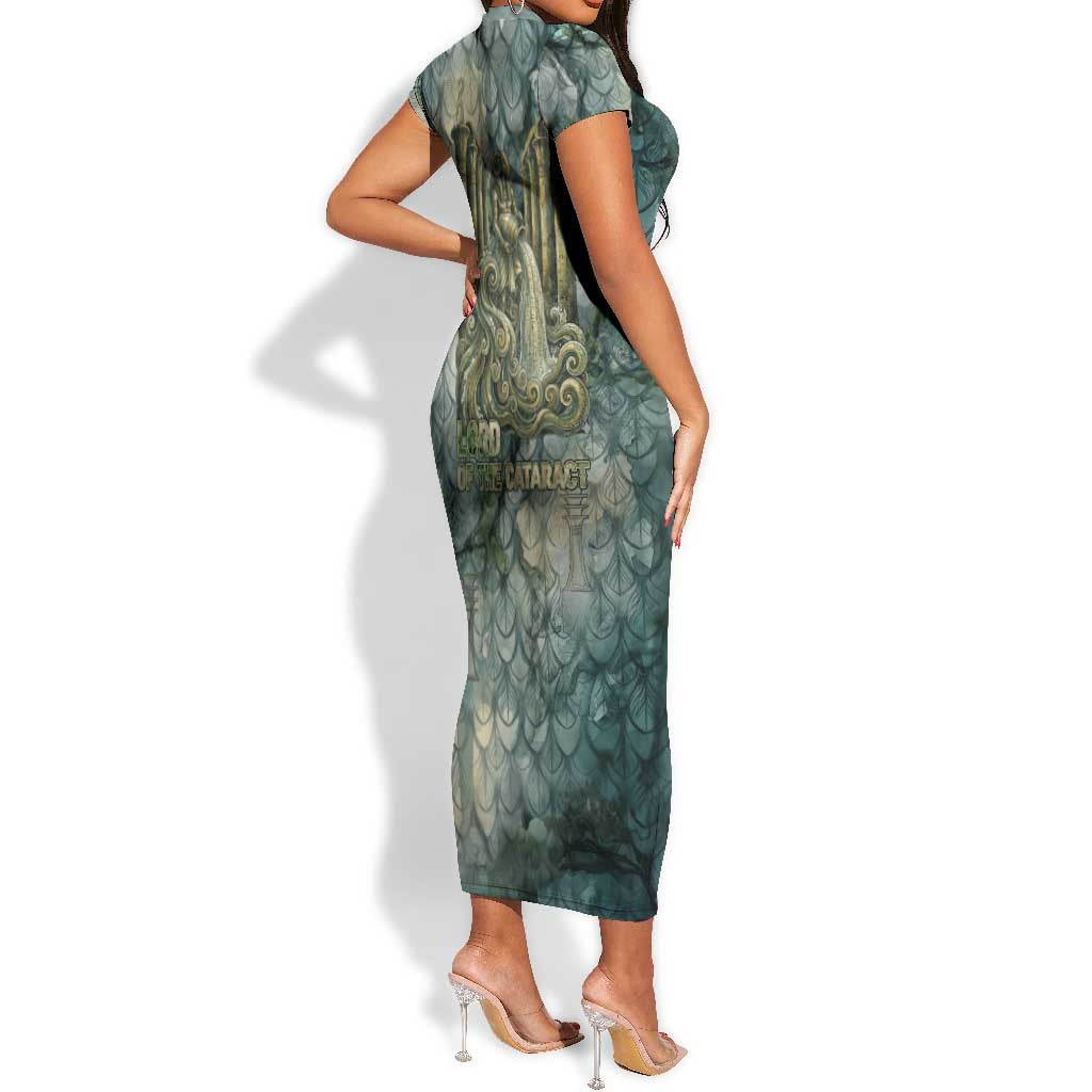 Khnum Ancient Egyptian Short Sleeve Bodycon Dress with Smoky Leaf, Ram Head Emblem, and Guardian of the Cataract - African Pride