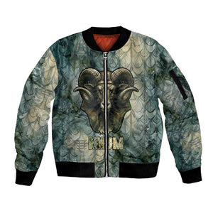 Khnum Ancient Egyptian Sleeve Zip Bomber Jacket with Smoky Leaf, Ram Head Emblem, and Guardian of the Cataract - African Pride