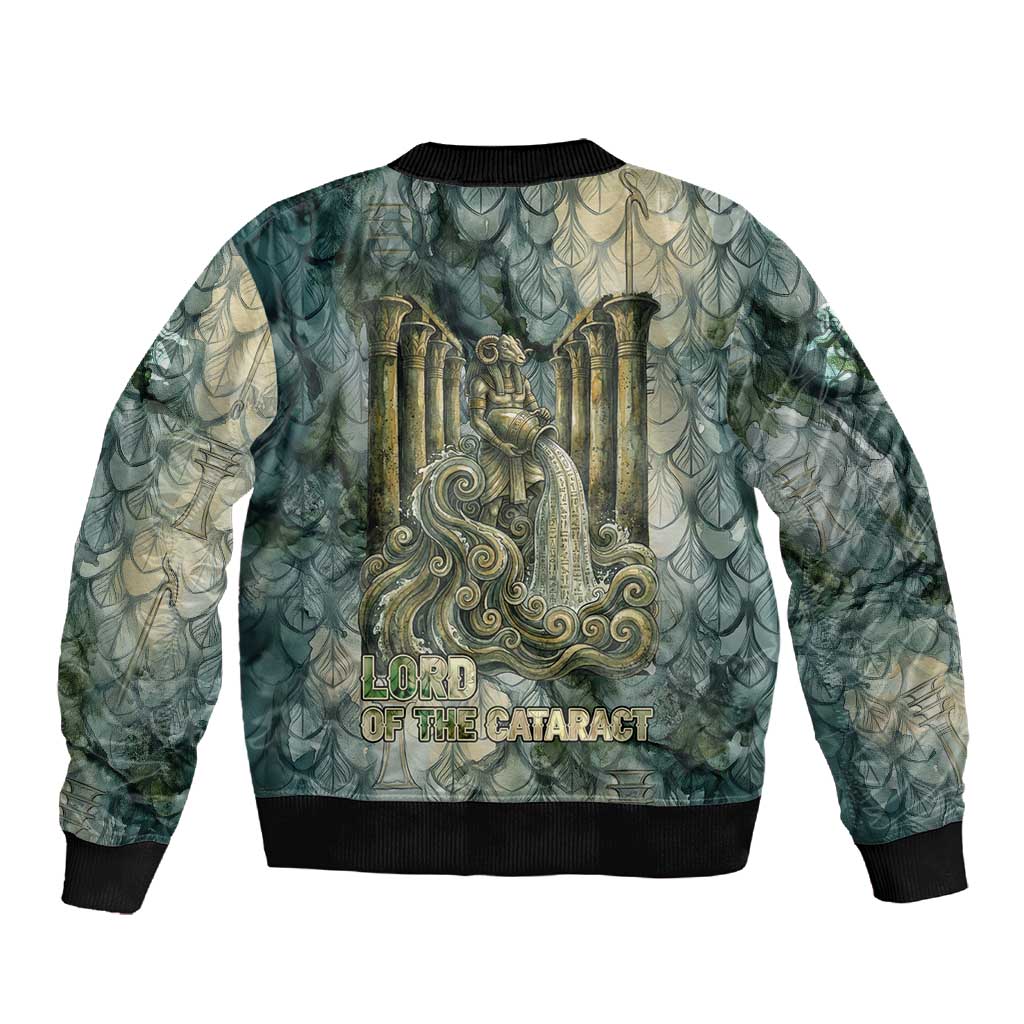 Khnum Ancient Egyptian Sleeve Zip Bomber Jacket with Smoky Leaf, Ram Head Emblem, and Guardian of the Cataract - African Pride