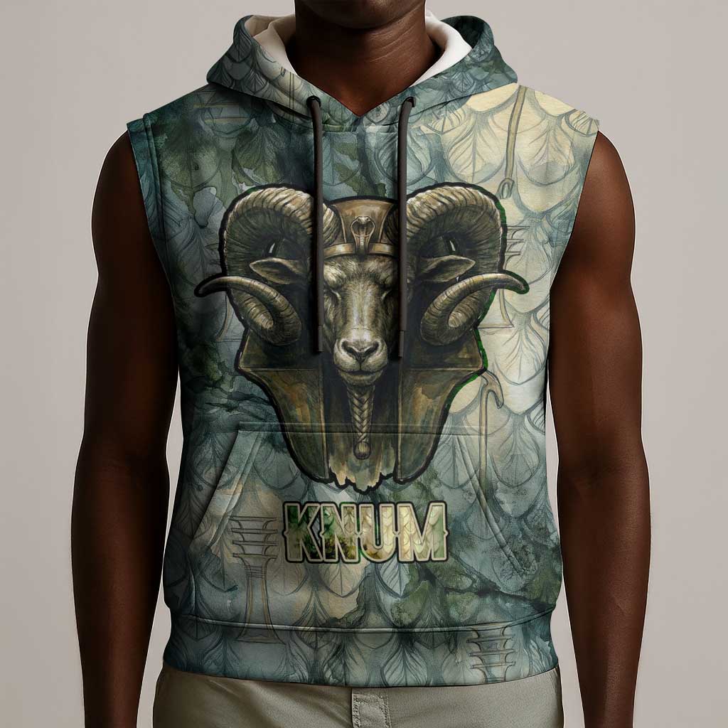 Khnum Ancient Egyptian Sleeveless Hoodie with Smoky Leaf, Ram Head Emblem, and Guardian of the Cataract - African Pride