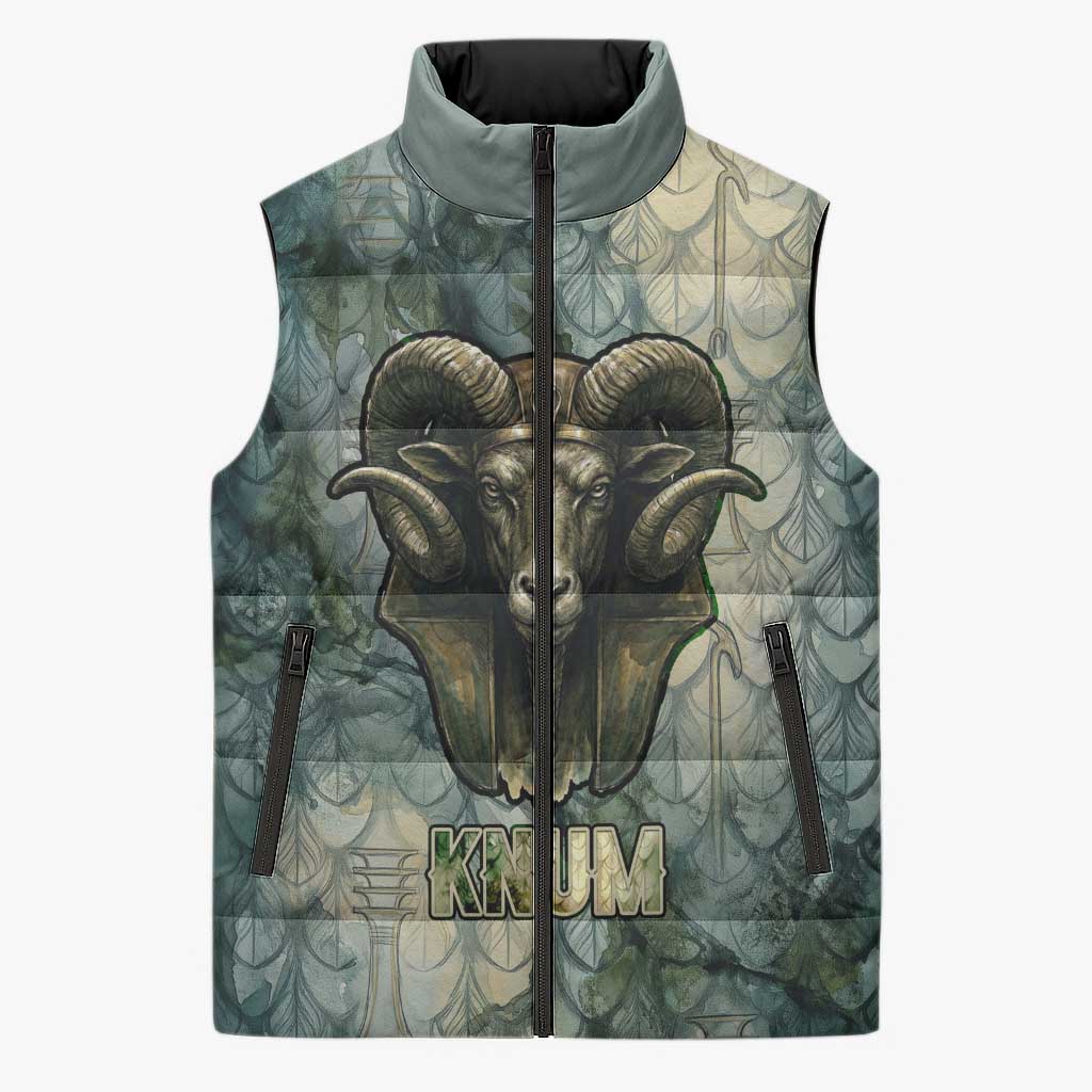 Khnum Ancient Egyptian Sleeveless Puffer Jacket with Smoky Leaf, Ram Head Emblem, and Guardian of the Cataract - African Pride