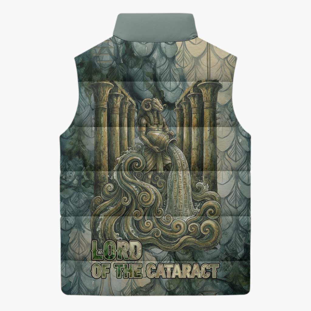 Khnum Ancient Egyptian Sleeveless Puffer Jacket with Smoky Leaf, Ram Head Emblem, and Guardian of the Cataract - African Pride