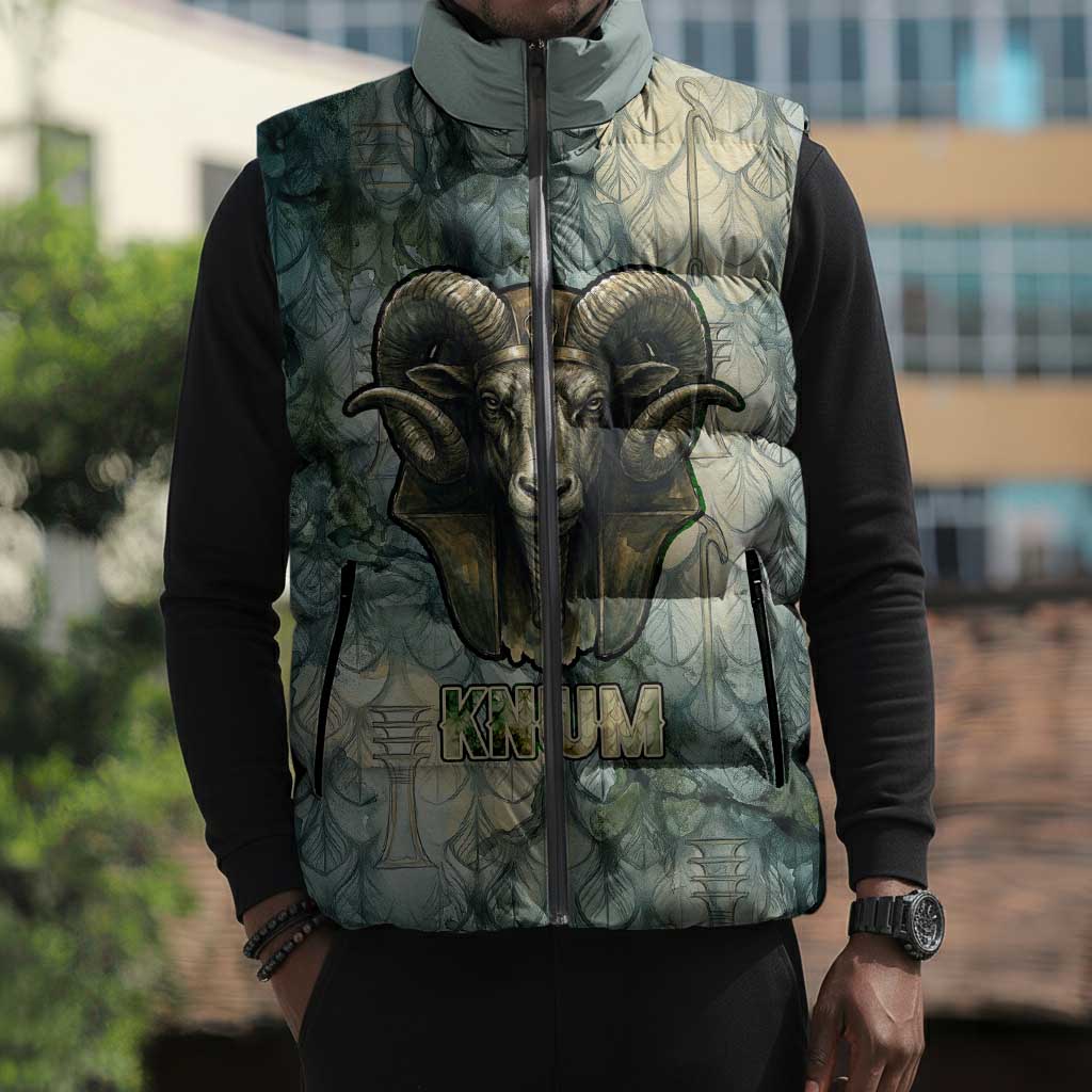 Khnum Ancient Egyptian Sleeveless Puffer Jacket with Smoky Leaf, Ram Head Emblem, and Guardian of the Cataract - African Pride