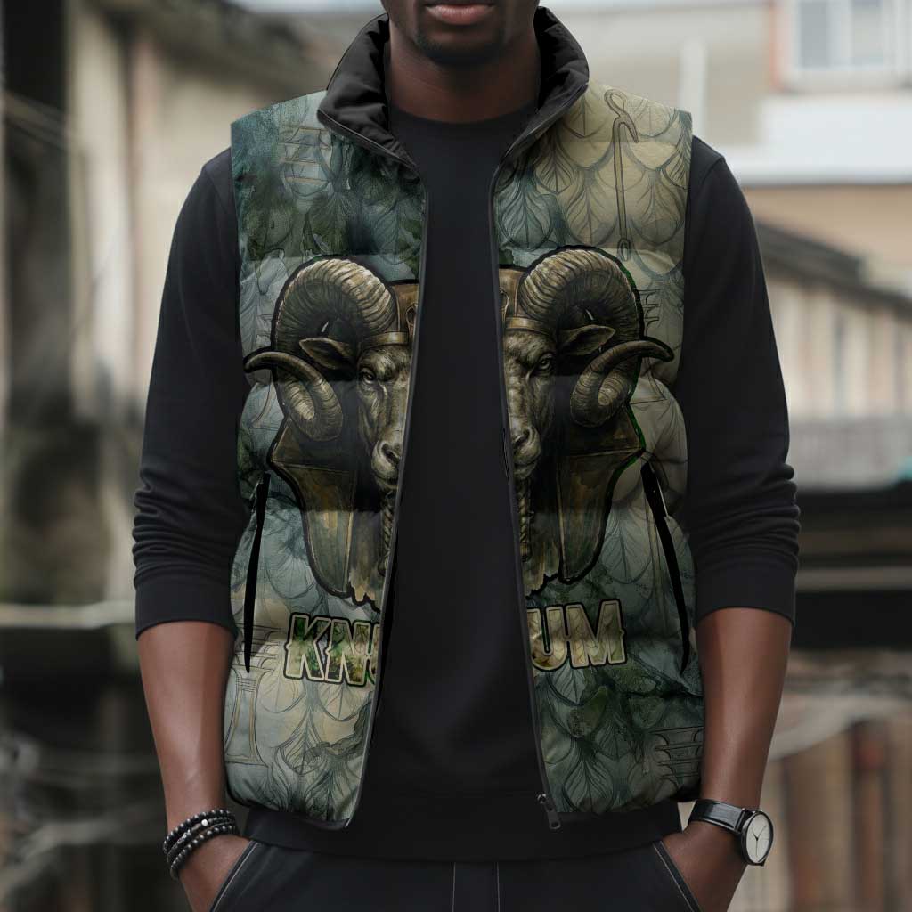 Khnum Ancient Egyptian Sleeveless Puffer Jacket with Smoky Leaf, Ram Head Emblem, and Guardian of the Cataract - African Pride