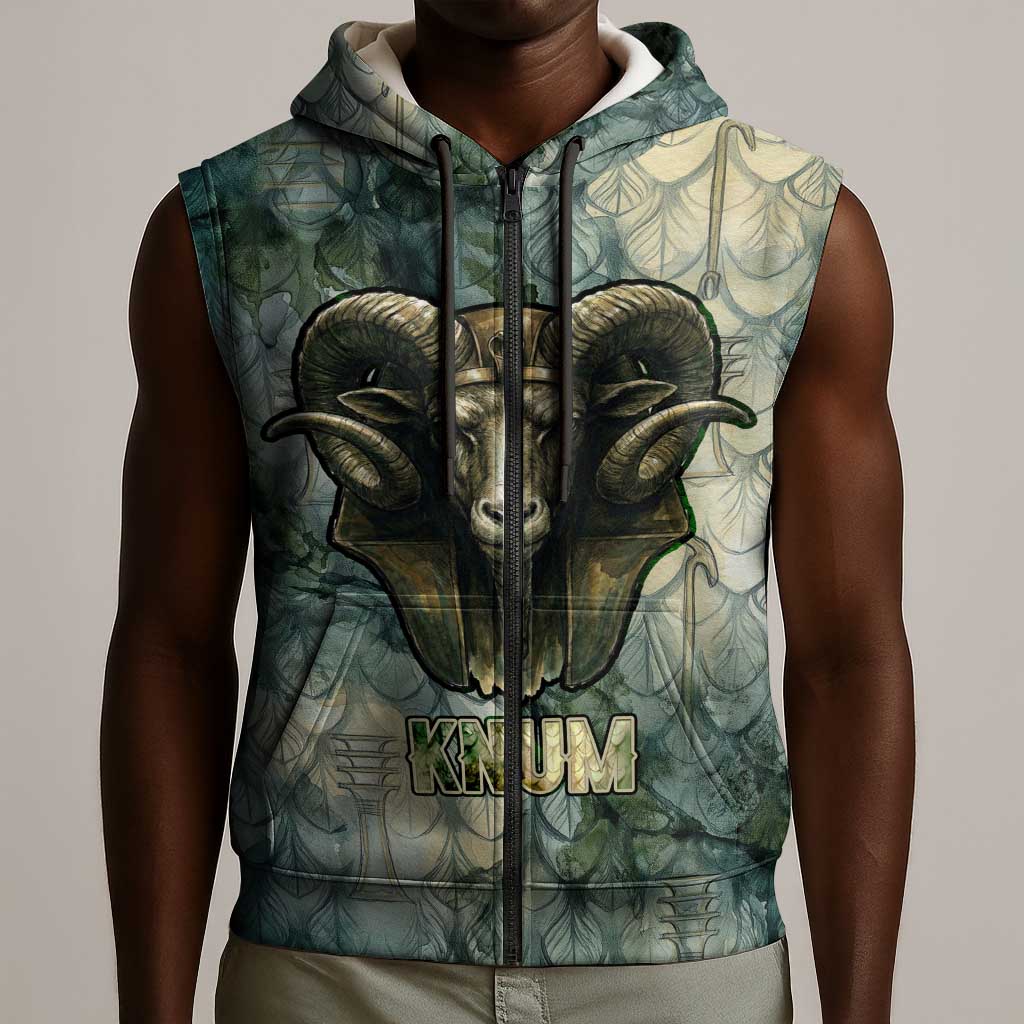 Khnum Ancient Egyptian Sleeveless Zip Hoodie with Smoky Leaf, Ram Head Emblem, and Guardian of the Cataract - African Pride