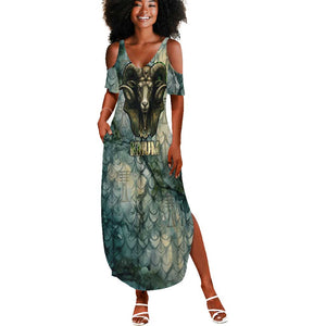 Khnum Ancient Egyptian Summer Maxi Dress with Smoky Leaf, Ram Head Emblem, and Guardian of the Cataract - African Pride