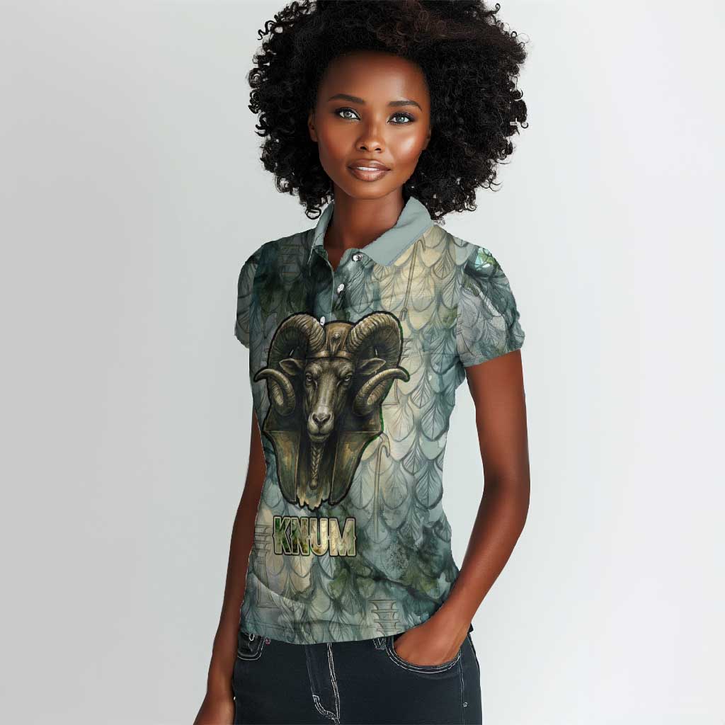 Khnum Ancient Egyptian Women Polo Shirt with Smoky Leaf, Ram Head Emblem, and Guardian of the Cataract - African Pride