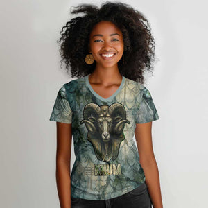 Khnum Ancient Egyptian Women V-Neck T-Shirt with Smoky Leaf, Ram Head Emblem, and Guardian of the Cataract - African Pride