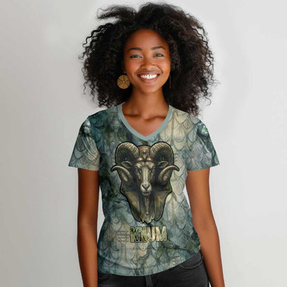 Khnum Ancient Egyptian Women V-Neck T-Shirt with Smoky Leaf, Ram Head Emblem, and Guardian of the Cataract - African Pride