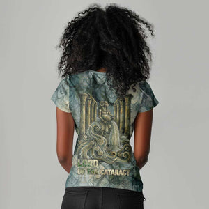 Khnum Ancient Egyptian Women V-Neck T-Shirt with Smoky Leaf, Ram Head Emblem, and Guardian of the Cataract - African Pride