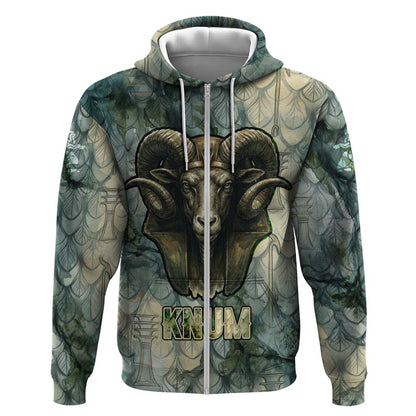 Khnum Ancient Egyptian Zip Hoodie with Smoky Leaf, Ram Head Emblem, and Guardian of the Cataract - African Pride