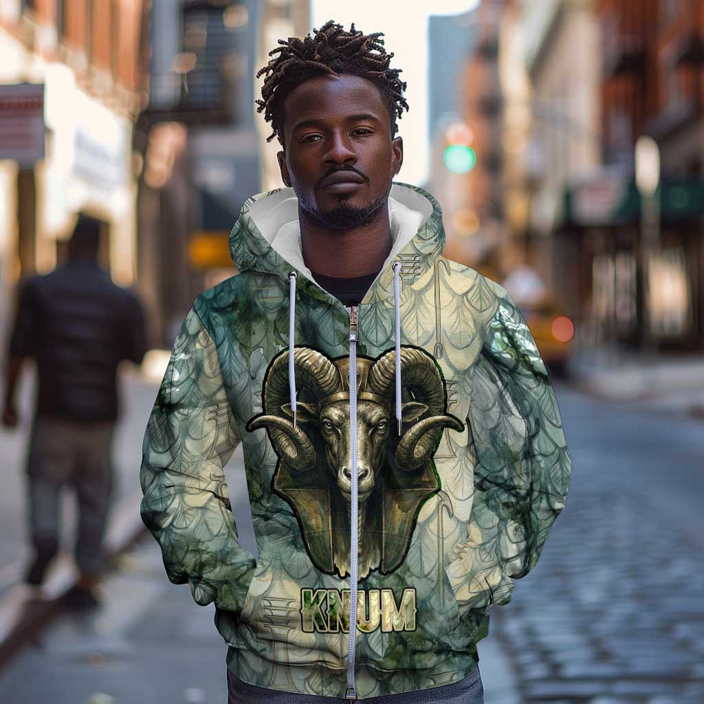 Khnum Ancient Egyptian Zip Hoodie with Smoky Leaf, Ram Head Emblem, and Guardian of the Cataract - African Pride