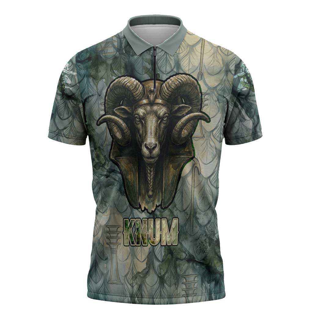 Khnum Ancient Egyptian Zipper Polo Shirt with Smoky Leaf, Ram Head Emblem, and Guardian of the Cataract - African Pride
