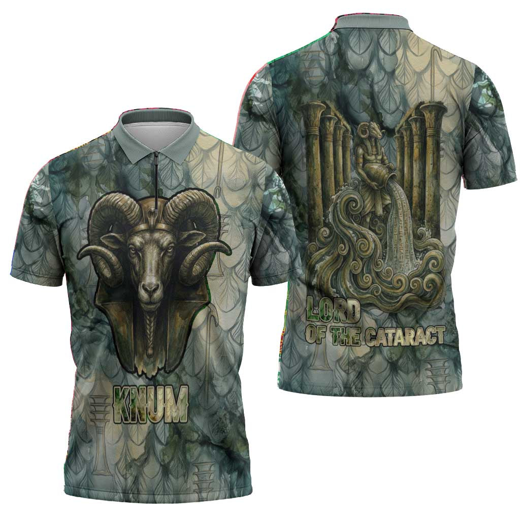 Khnum Ancient Egyptian Zipper Polo Shirt with Smoky Leaf, Ram Head Emblem, and Guardian of the Cataract - African Pride