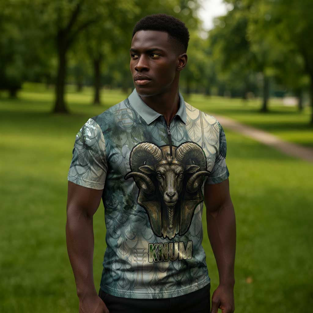Khnum Ancient Egyptian Zipper Polo Shirt with Smoky Leaf, Ram Head Emblem, and Guardian of the Cataract - African Pride