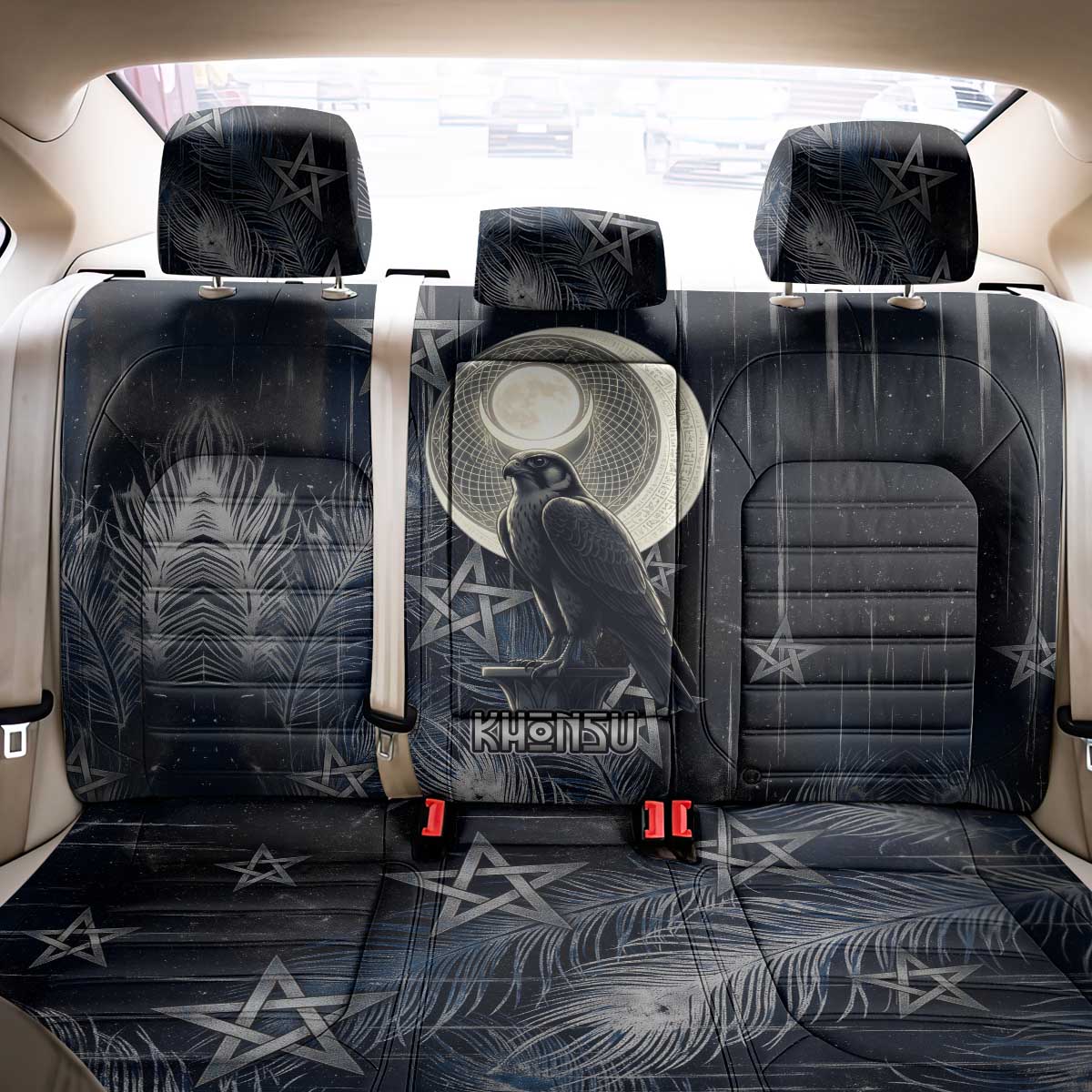 Khonsu Back Car Seat Cover Ancient Egyptian Dark Feather Pattern, Moonlit Raven Symbol, and Eye Lotus - African Pride