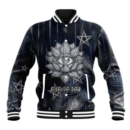 Khonsu Baseball Jacket Ancient Egyptian Dark Feather Pattern, Moonlit Raven Symbol, and Eye Lotus - African Pride