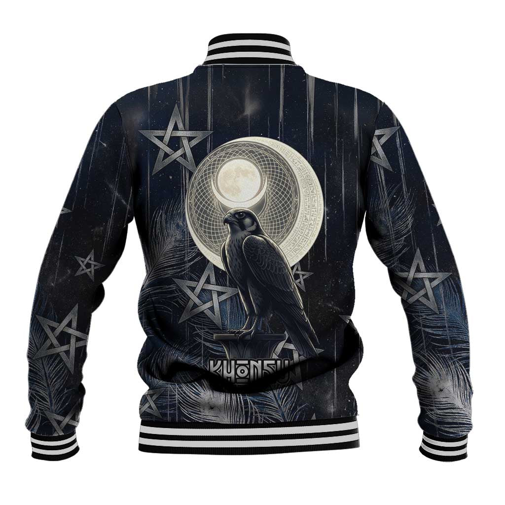 Khonsu Baseball Jacket Ancient Egyptian Dark Feather Pattern, Moonlit Raven Symbol, and Eye Lotus - African Pride