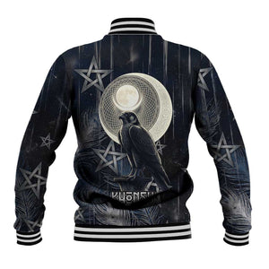 Khonsu Baseball Jacket Ancient Egyptian Dark Feather Pattern, Moonlit Raven Symbol, and Eye Lotus - African Pride