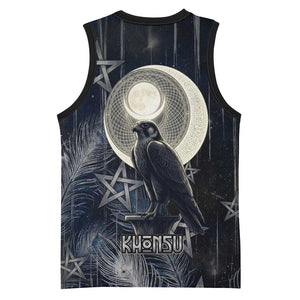 Khonsu Basketball Jersey Ancient Egyptian Dark Feather Pattern, Moonlit Raven Symbol, and Eye Lotus - African Pride