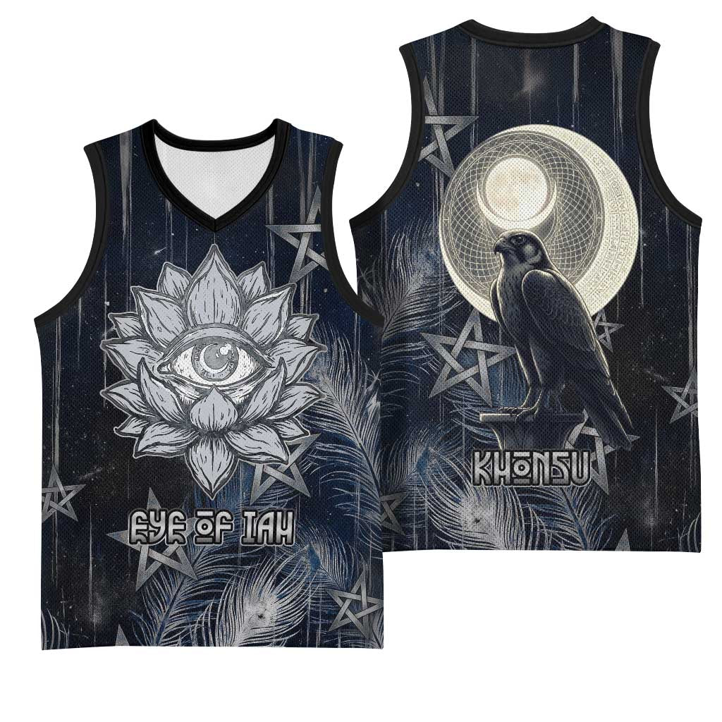 Khonsu Basketball Jersey Ancient Egyptian Dark Feather Pattern, Moonlit Raven Symbol, and Eye Lotus - African Pride