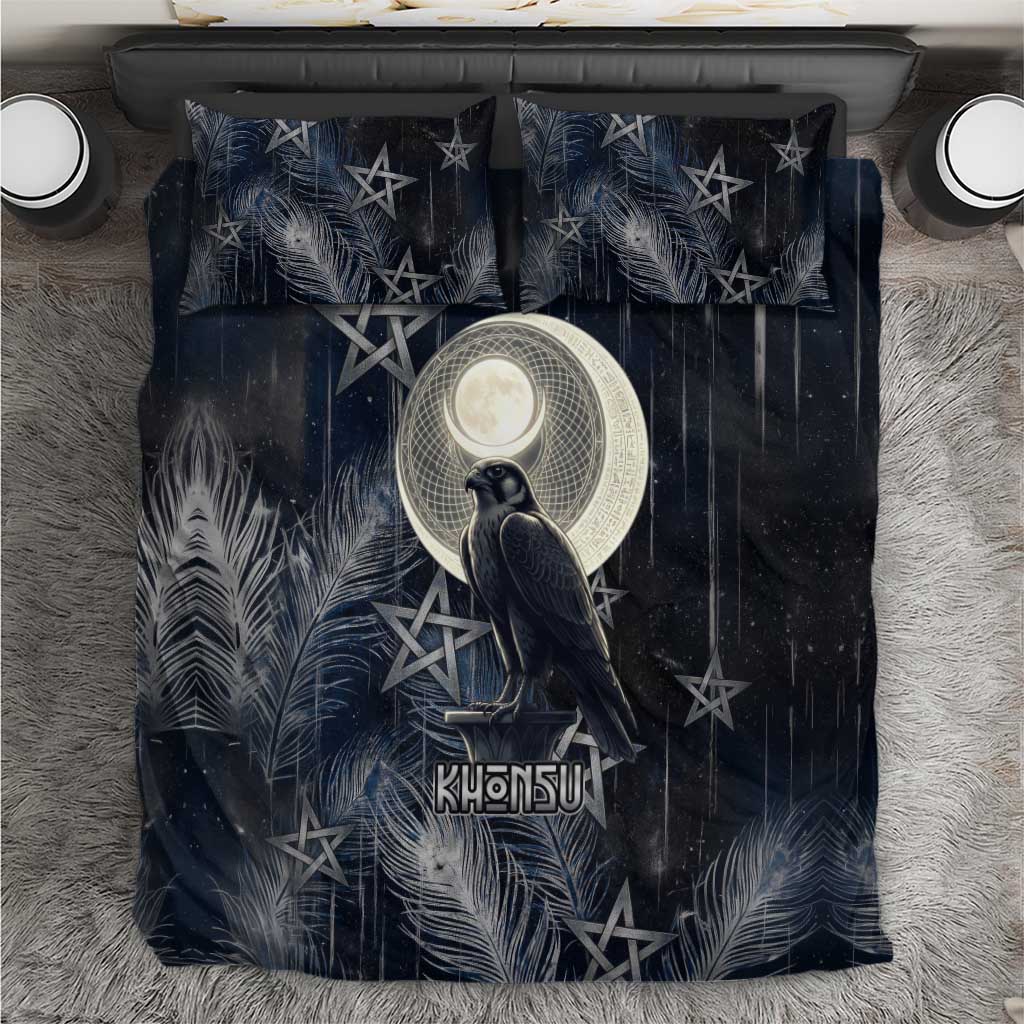Khonsu Bedding Set Ancient Egyptian Dark Feather Pattern, Moonlit Raven Symbol, and Eye Lotus - African Pride