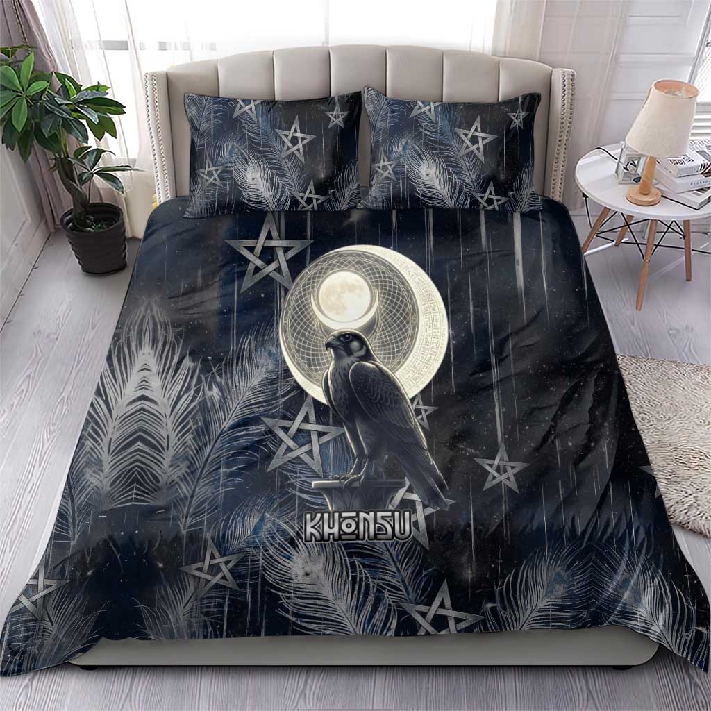 Khonsu Bedding Set Ancient Egyptian Dark Feather Pattern, Moonlit Raven Symbol, and Eye Lotus - African Pride