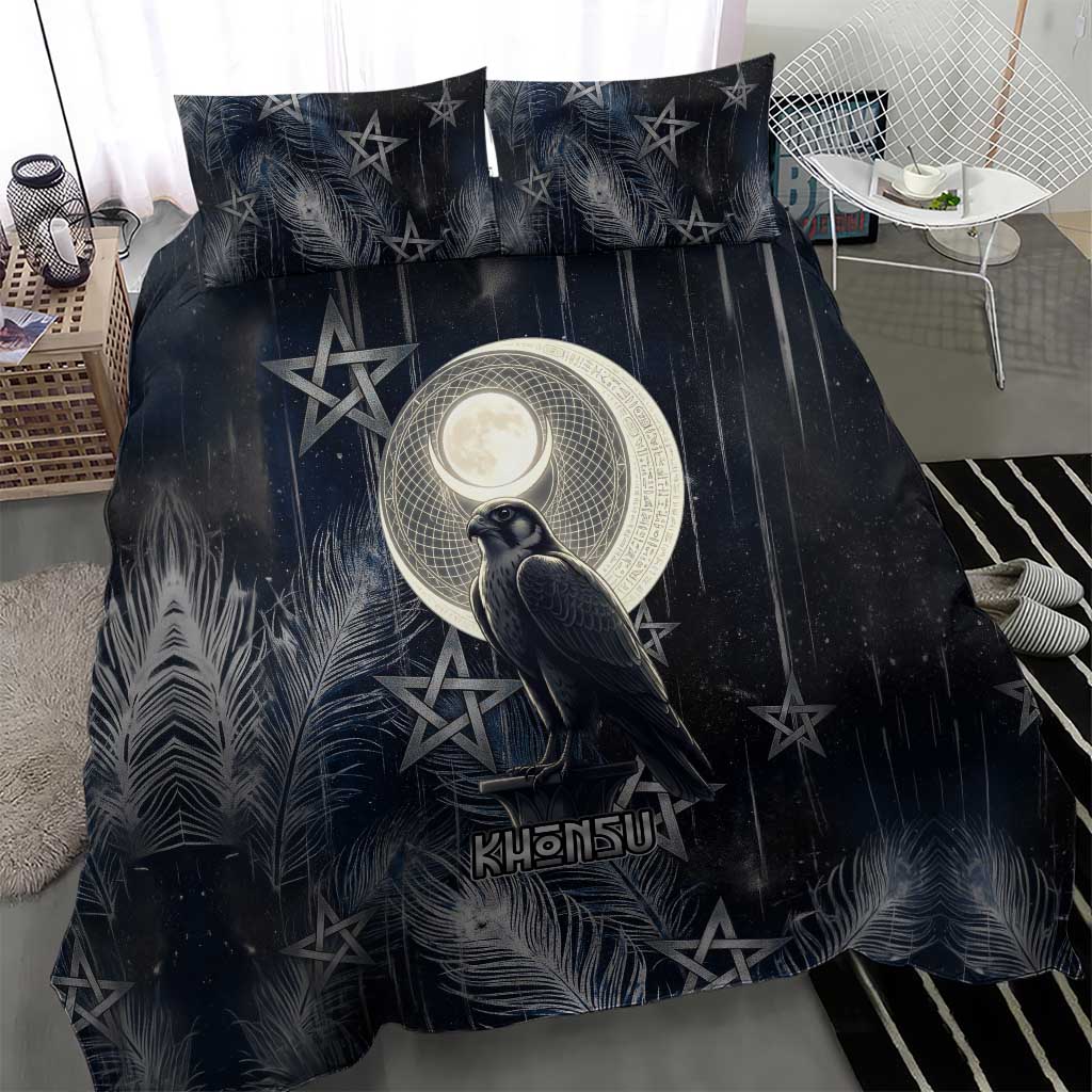 Khonsu Bedding Set Ancient Egyptian Dark Feather Pattern, Moonlit Raven Symbol, and Eye Lotus - African Pride