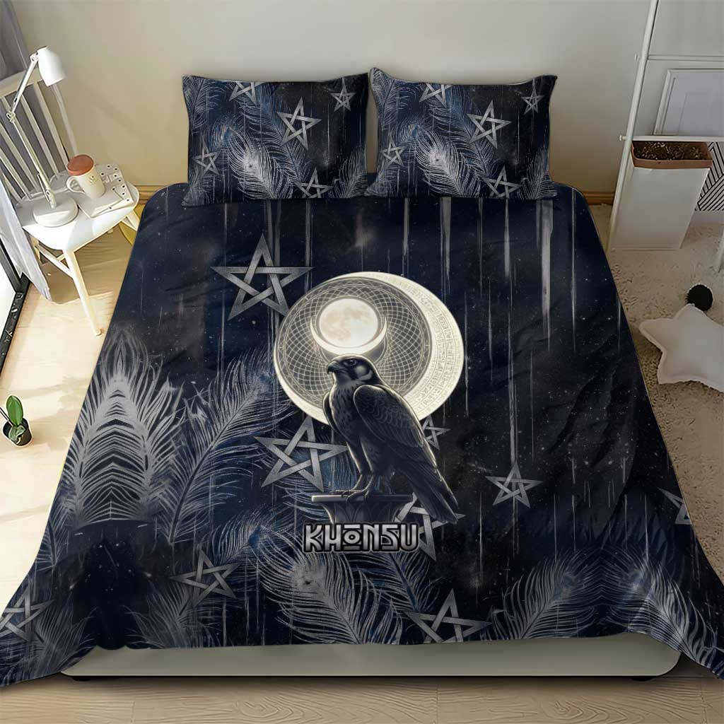 Khonsu Bedding Set Ancient Egyptian Dark Feather Pattern, Moonlit Raven Symbol, and Eye Lotus - African Pride