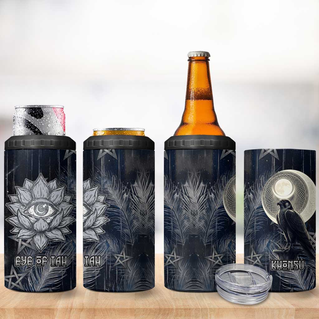 Khonsu 4 in 1 Can Cooler Tumbler Ancient Egyptian Dark Feather Pattern, Moonlit Raven Symbol, and Eye Lotus - African Pride